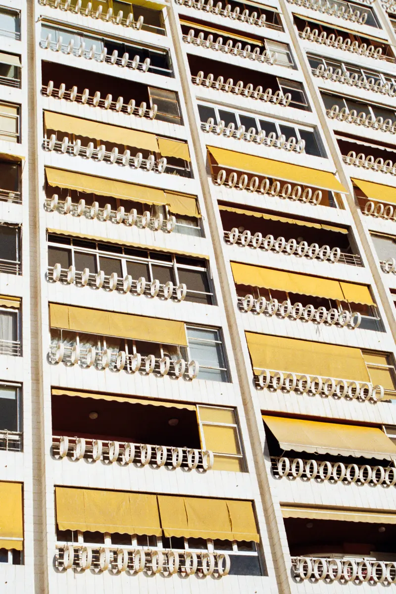 Apartment facade facing sunlight